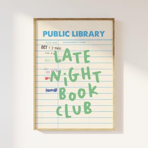 Impresión de Club de Lectura Nocturno, Descarga de Arte Digital, Decoración Bonita para Rincón de Lectura, Póster de Lectura Moderno, Arte Mural para Amantes de los Libros, Arte con Tarjeta de Biblioteca