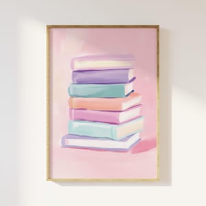 Pastel Bookstack Print, Whimsical Bookish Wall Art, Digital Download, Cute Book Lover Decor, Aesthetic Book Club Wall Art, Book Nook Art