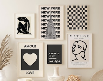 Set of 6 Black and White Gallery Wall | Digital Art Download | Trendy Neutral Gallery Wall | Boho Matisse Printable Art