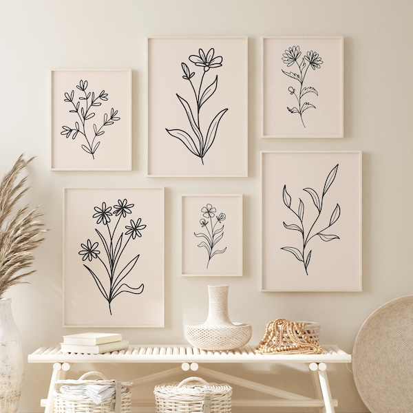 ミニマルライン ボタニカル ギャラリー ウォール 6 枚セット | デジタル アートのダウンロード | 黒の花柄の印刷可能なアート | ニュートラルでトレンディなウォール アート