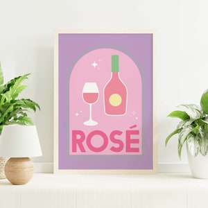 Rosé Wein Cocktail Poster | Digitale Kunst Download | Niedliches rosa lila Rosen Poster | Pastell Barwagen Dekor | Niedliche Küchenwand, Kunst