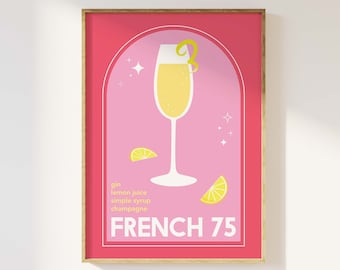 French 75 Cocktail Print | Digital Art Download | Cute Pink Cocktail Drink Bar Printable Art | Pink Kitchen Wall Art