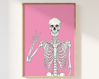 Skeleton Print | Digital Art Download | Cute Pink Halloween Wall Decor | Trendy Halloween Wall Art | Spooky Season Poster