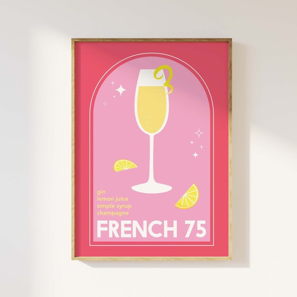 French 75 Cocktail Print | Digital Art Download | Cute Pink Cocktail Drink Bar Printable Art | Pink Kitchen Wall Art