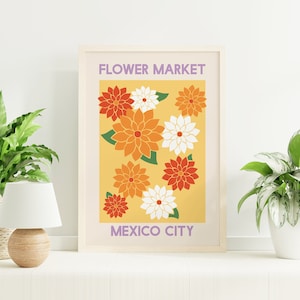 Flower Market Mexico City Print | Digital Art Download | Abstract Dahlia Printable Wall Art | Orange and Red Floral Print | Trendy Wall Art