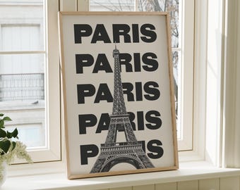 Paris France Travel Print | Digital Art Download | Black and White Eiffel Tower Travel Exhibition Print | Cute Trendy Wall Art