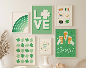 Set med 6 tavelväggar med Glad St. Patrick's Day | Digital konstnedladdning | Grön Shamrock-tryck | Söt väggdekoration för högtider | Irländsk väggkonst