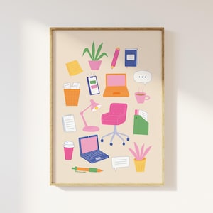 Lámina artística "Cosas de oficina", arte mural colorido para oficina, decoración para trabajar desde casa, ilustración moderna para espacios de trabajo, descarga digital