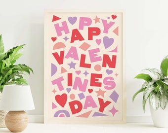 Impresión del día de San Valentín / Descarga de arte digital / Bonita decoración de San Valentín / Arte abstracto de pared con amor / Impresión artística moderna en rojo y rosa