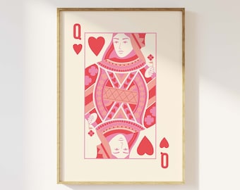 Queen of Hearts Print | Digital Art Download | Cute Pink Card Print | Retro Wall Art | Trendy Playing Card Art