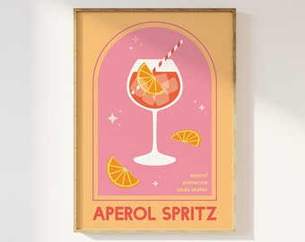 Aperol Spritz Cocktail Print | Digital Art Download | Cute Pink Orange Aperol Cocktail Bar Printable Art | Kitchen Wall Art