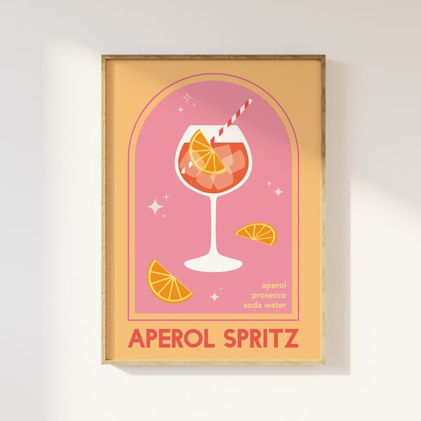 Aperol Spritz Cocktail Print | Digital Art Download | Cute Pink Orange Aperol Cocktail Bar Printable Art | Kitchen Wall Art