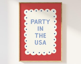 Party in the USA Art Print, Digital Art Download, Cute July 4th Art Prints, Trendy Americana Wall Art, Whimsical Patriotic Art Prints