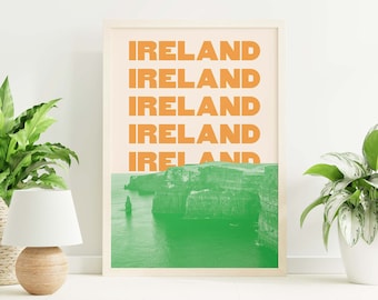 Impresión de viajes de Irlanda / Descarga de arte digital / Arte de la pared de los acantilados de Moher / Decoración del día de San Patricio naranja verde / Arte de la pared irlandesa