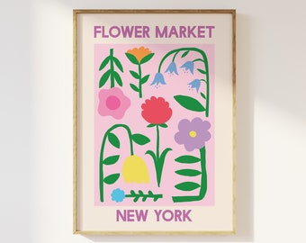 Bloemenmarkt New York-print | Digitale kunst downloaden | Afdrukbare muurkunst roze paarse bloemen | Leuke trendy muurkunst