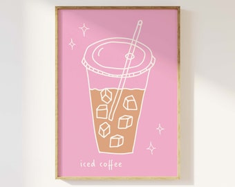 Iced Coffee Print | Digital Art Download | Cute  Poster | Retro Bar Cart Decor