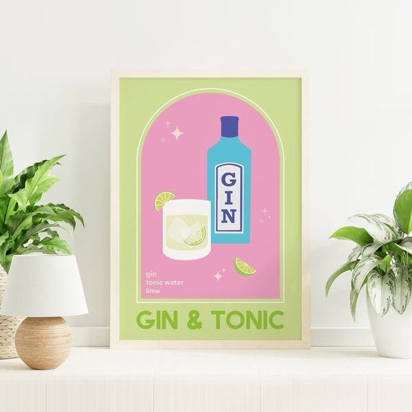 Gin and Tonic Cocktail Print | Digital Art Download | Cute Green Pink Cocktail Bar Printable Art | Green Kitchen Wall Art