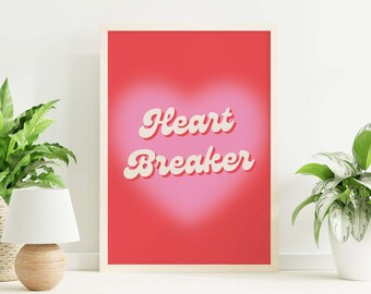 Impresión de corazón rompecorazones / Descarga de arte digital / Impresión de corazón rojo lindo / Arte de pared retro de San Valentín / Impresión de arte rojo y rosa de moda