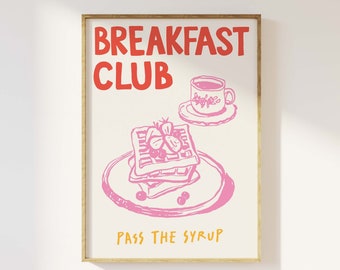 Breakfast Club Print | Digital Art Download | Pink Kitchen Food Decor | Retro Breakfast Art Poster | Waffles Wall Art | Cute Trendy Wall Art