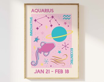 Aquarius Zodiac Print | Digital Art Download | Trendy Astrology Poster | Pink Retro Wall Art | Star Sign Art Print | Cute Trendy Wall Art