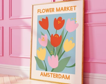 Flower Market Amsterdam Print | Digital Art Download | Bloemenmarkt Tulips Printable Wall Art | Blue Floral Art Print