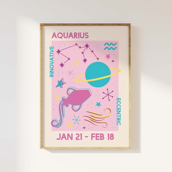 Aquarius Zodiac Print | Digital Art Download | Trendy Astrology Poster | Pink Retro Wall Art | Star Sign Art Print | Cute Trendy Wall Art