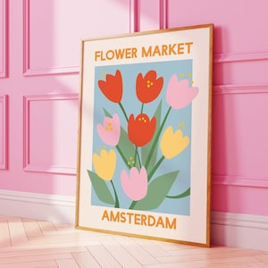 Flower Market Amsterdam Print | Digital Art Download | Bloemenmarkt Tulips Printable Wall Art | Blue Floral Art Print