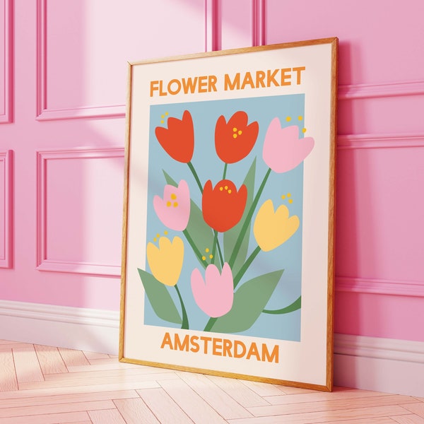 Flower Market Amsterdam Print | Digital Art Download | Bloemenmarkt Tulips Printable Wall Art | Blue Floral Art Print