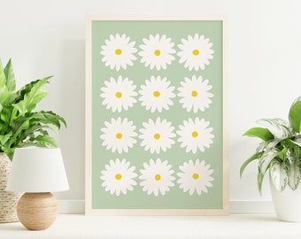 Green Daisy Print | Digital Art Download | Flower Printable Wall Art | Green Daisies Floral Art Print | Cute Trendy Wall Art