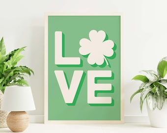 Irländsk kärlekstryck | Digital konstnedladdning | Grönt treklövertryck | Söt väggdekoration för St. Patricks Day | Irländsk väggkonst