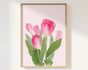 May include: A watercolor painting of a bouquet of pink tulips with green leaves on a light pink background.