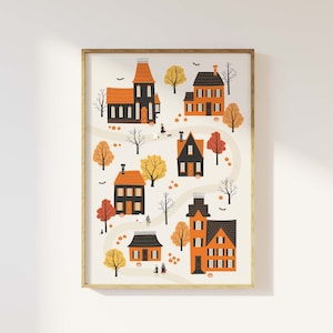 Cozy Halloween Village Print, Digital Art Download, Halloween Wall Art, Fall Autumn Wall Art, Cute Halloween Print, Spooky Season Decor
