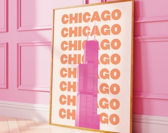 Stampa di viaggio di Chicago / Download di arte digitale / Arte rosa arancione Chicago Willis Tower / Stampa di mostra di viaggio alla moda / Arte da parete retrò carina