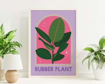 May include: A digital illustration of a rubber plant with green leaves against a pink background with a gold arch. The text "RUBBER PLANT" is below the plant.