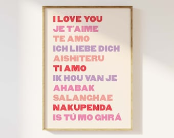 I Love You Print | Digital Art Download | Cute Valentine's Print | I Love You in Different Languages Wall Art | Trendy Red Pink Art Print