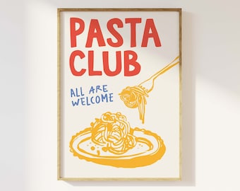 Pasta Club Print, Digital Art Download, Cute Kitchen Decor, Pasta Art Print, Trendy Foodie Wall Art, Spaghetti Poster