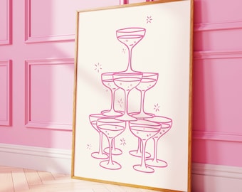 Champagne Tower Print | Digital Art Download | Cute Hand Drawn Cocktail Print | Bart Cart Printable Art | Trendy Kitchen Print