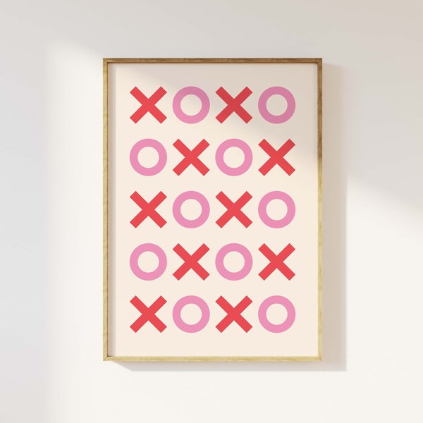 Impresión XOXO / Descarga de arte digital / Linda impresión de San Valentín / Arte de pared retro de abrazos y besos / Impresión de arte rosa rojo de moda