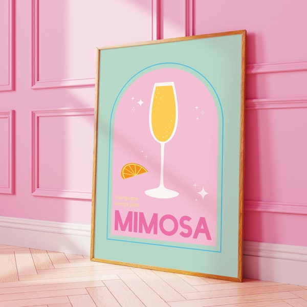 Mimosa Cocktail Print | Digital Art Download | Cute Pink Champagne Mimosa Cocktail Bar Printable Art | Kitchen Wall Art
