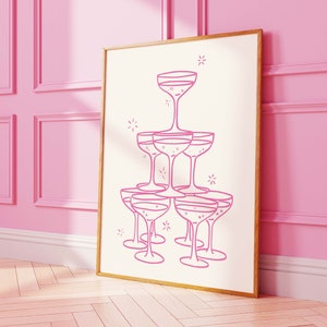 Champagnetoren-print | Digitale kunst downloaden | Leuke handgetekende cocktailprint | Bart Cart afdrukbare kunst | Trendy keukenprint
