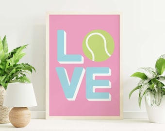 Tennis Love Print | Digital Art Download | Pink Blue Tennis Wall Art | Cute Trendy Wall Art