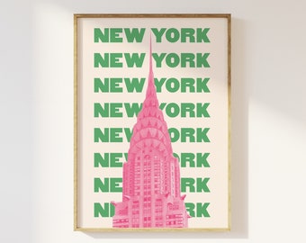 New York City Travel Print | Digital Art Download | Pink Green NYC Travel Exhibition Print | Cute Trendy Wall Art