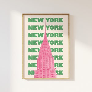 New York City Reisedruck | Digitaler Kunst-Download | Pink Green NYC Reiseausstellungsdruck | Süße trendige Wandkunst