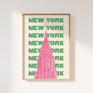 Impresión de viaje a la ciudad de Nueva York, descarga de arte digital, impresión de exposición de viajes a la ciudad de Nueva York en rosa y verde, arte de pared lindo y moderno
