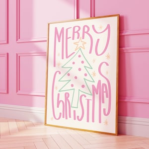 Pastel Merry Christmas Print | Digital Art Download | Cute Pink Christmas Decor | Boho Holiday Wall Art | Funky Christmas Print