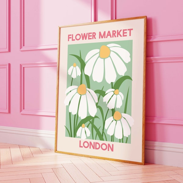 Flower Market London Print | Digital Art Download | Daisy Printable Wall Art | Green Floral Art Print | Cute Trendy Wall Art