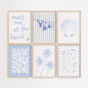 Blue Coastal Beach Gallery Wall, Digital Art Download, 8 Printables, Cute Summer Art Prints, Girly Wall Art, Trendy Beach House Decor