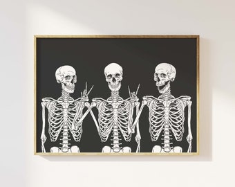 Skeletons Print | Digital Art Download | Cute Black Halloween Wall Decor | Trendy Halloween Wall Art