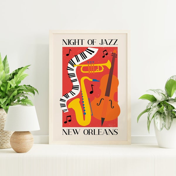 New Orleans Jazz Print | Digital Art Download | Red Jazz Music Wall Art | Night of Jazz Poster | Cute Trendy Wall Art