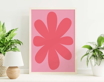 Pink Floral Abstract Print | Digital Art Download | Hot Pink Retro Printable Art | Cute Trendy Wall Art | Minimal Flower Art Print